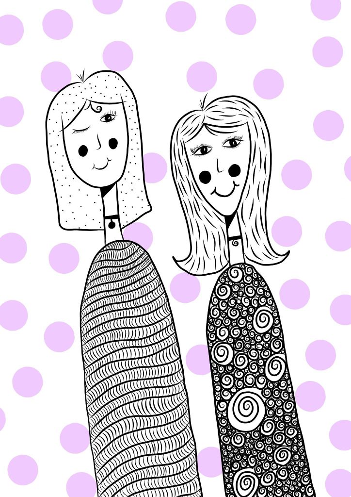 black-white-illustrated-characters-purple-dots-pattern