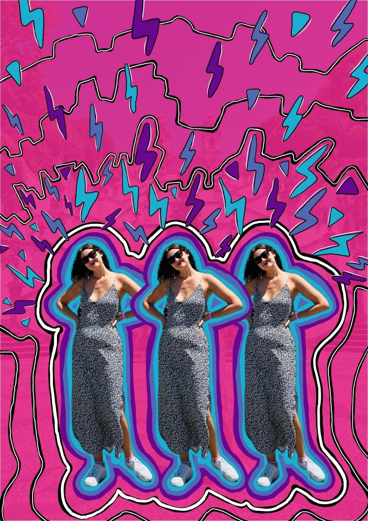 triple-figure-collage-neon-lightning-pattern