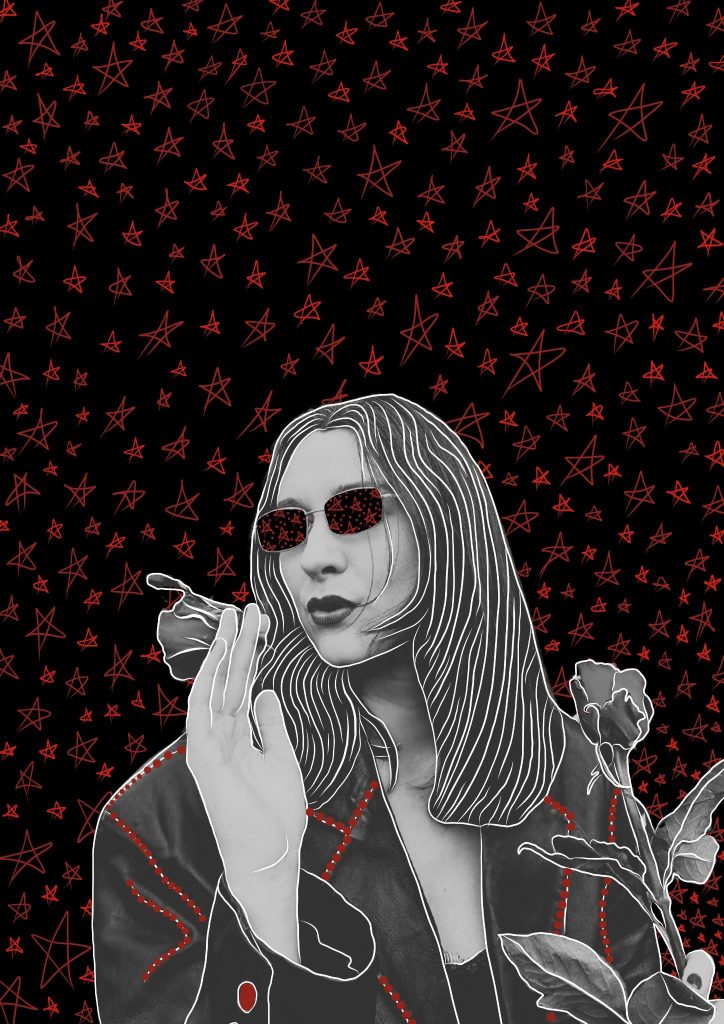 woman-stars-background-red-neon-outline-collage